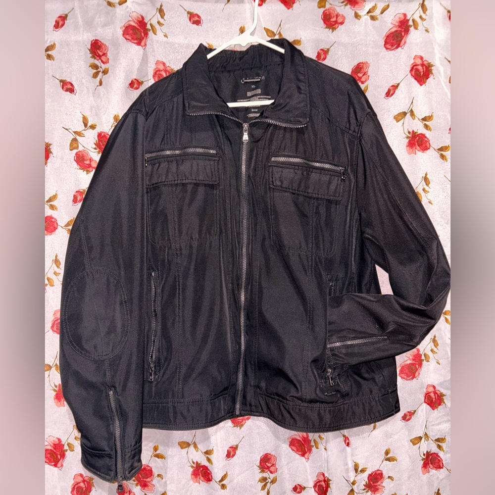 Black Satin like Calvin Klein men’s jacket.